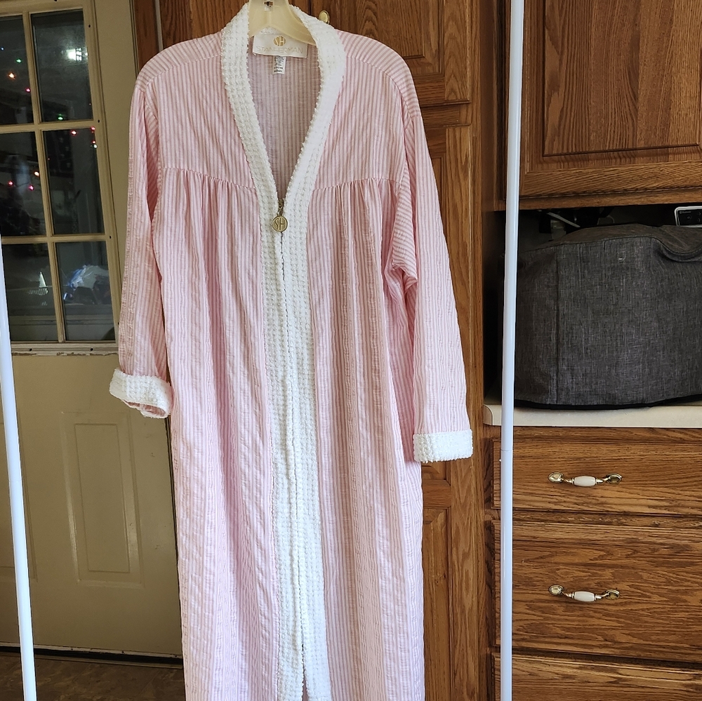 Stan Herman Striped Cotton Robe Pink White Medium